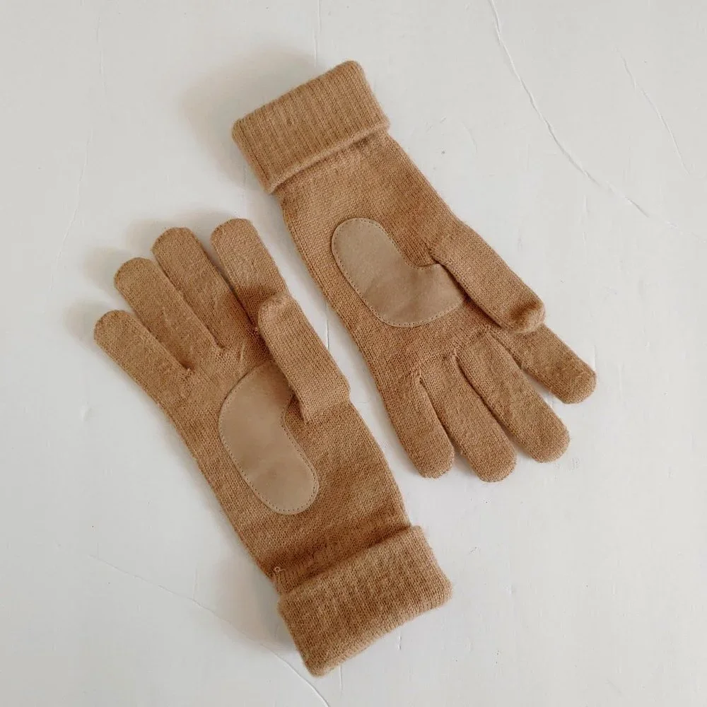 Vintage 80's 90's Brown Tan Knit Gloves Leather Pads Adult Size‎ Retro Cuff